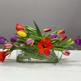 Colorful tulips arranged in a clear rectangular glass vase