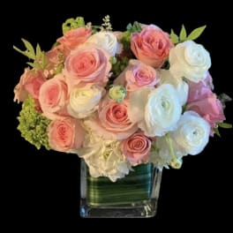 Pink and white roses arranged in a clear square vase