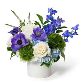 Compact blue and purple flower arrangement with white roses in a white ceramic cylinder vase