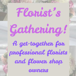 Floral gathering announcement over a collage of pastel bouquets