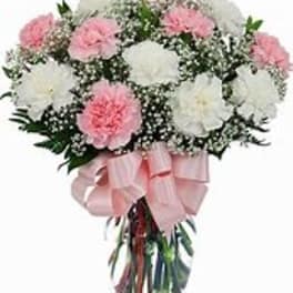 Pink and white carnation arrangement with baby’s breath in a clear vase with a pink bow