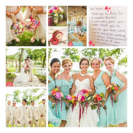 Wedding collage with bridesmaids holding colorful bouquets and a bride with attendants