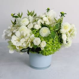 White floral arrangement in a pale blue vase with green accents