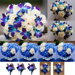 Bouquets of white roses with vivid blue-purple orchids and blue hydrangeas
