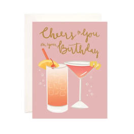Birthday card with two illustrated cocktails on a pink background