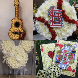 Collage of floral tribute designs including a guitar, wreath, heart, and playing cards.