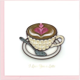 Greeting card with quilled paper latte cup and pink heart foam art on a white background