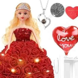 Red rose doll with heart-shaped balloons and a necklace