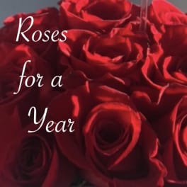 Close-up of red roses with the words "Roses for a Year" overlaid