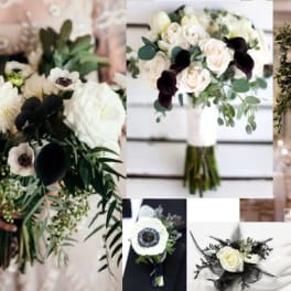 White and dark floral wedding bouquet with greenery and a matching centerpiece