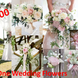 Wedding floral collage with bouquets, boutonnieres, and a tiered cake