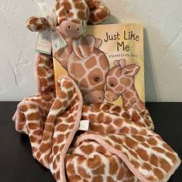 Plush giraffe blanket with a children's book