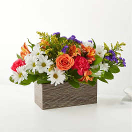 Mixed bouquet with roses, daisies, carnations, and purple filler in a rectangular box