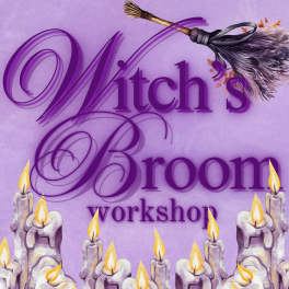 Purple graphic reading "Witch's Broom workshop" with candles and a broom illustration