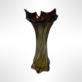 Tall amber and dark red glass vase with a flared top