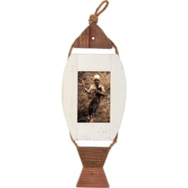 Rustic hanging wooden photo frame with a sepia child portrait