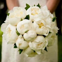 White bridal bouquet of peonies with green accents