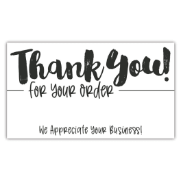 White thank-you card with black handwritten text