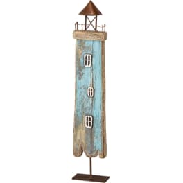 Rustic wooden lighthouse sculpture with a blue weathered body