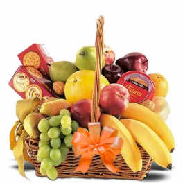 Fruit basket with bananas, grapes, apples, pears, and crackers