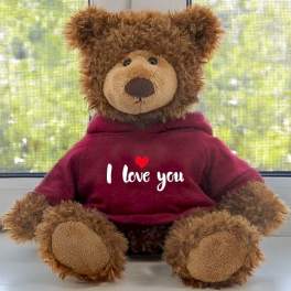 Brown teddy bear wearing a maroon hoodie with "I love you" text
