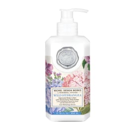 Bottle of Wild Hydrangea hand and body lotion with floral label