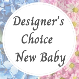 Text reading Designer's Choice New Baby over blue and pink flowers
