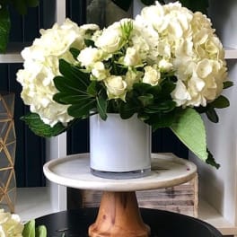 White hydrangea and rose arrangement in a white vase