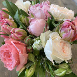 Bouquet of pink and white tulips and roses