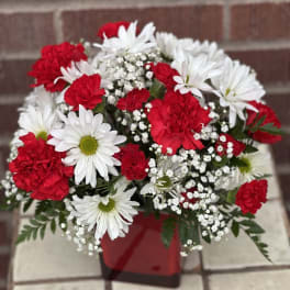 Red carnations and white daisies in a red container
