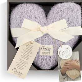 Lavender knitted heart-shaped gift in a box with a cream ribbon