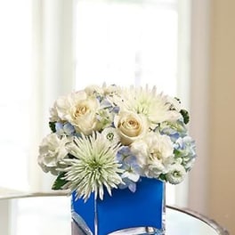 White and pale blue flowers arranged in a blue square vase