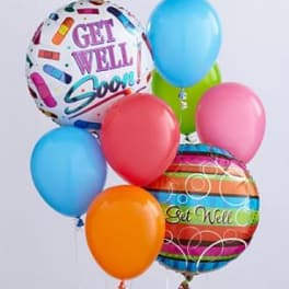 Cluster of colorful balloons with two get-well message balloons