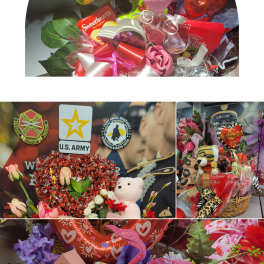 Gift baskets and bouquets with heart balloons, candy, and teddy bears