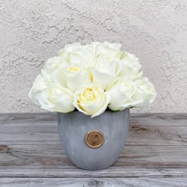 White rose bouquet in a gray vase