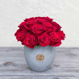 Red roses arranged in a gray vase with a gold emblem
