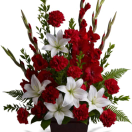 Red carnations and white lilies arranged in a dark vase