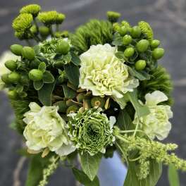 Green and white bouquet with carnations and button mums