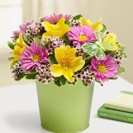 Pink and yellow flowers arranged in a green pot