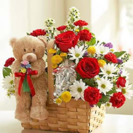 Basket arrangement with red roses, white daisies, and a teddy bear