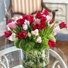 Red and pink tulips arranged in a clear glass vase.