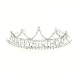 Silver rhinestone tiara with the word Birthday