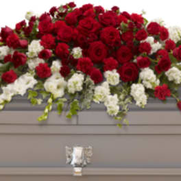 Red and white floral casket spray with trailing greenery