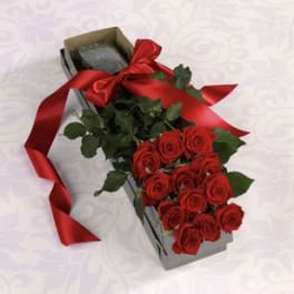 Red roses in a gift box with a red ribbon