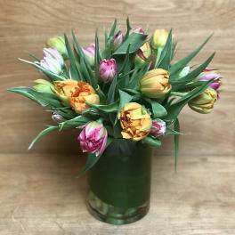 Arrangement of yellow and pink tulips in a leaf-wrapped clear glass vase