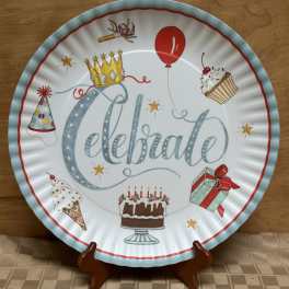 Decorative paper plate with "Celebrate" text and birthday icons
