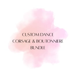 Text reading custom dance corsage and boutonniere bundle on a pink watercolor background