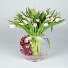 Pink tulips in a round glass vase with red orchids inside