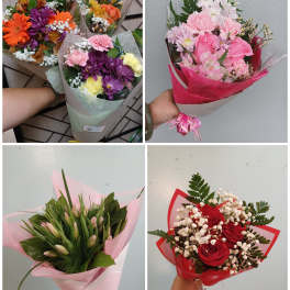 Collage of hand-held bouquets with mixed flowers, roses, and baby’s breath