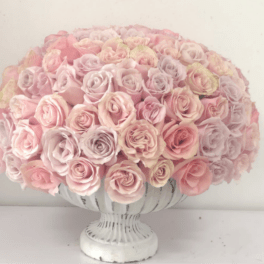 Round bouquet of pale pink roses in a white pedestal vase